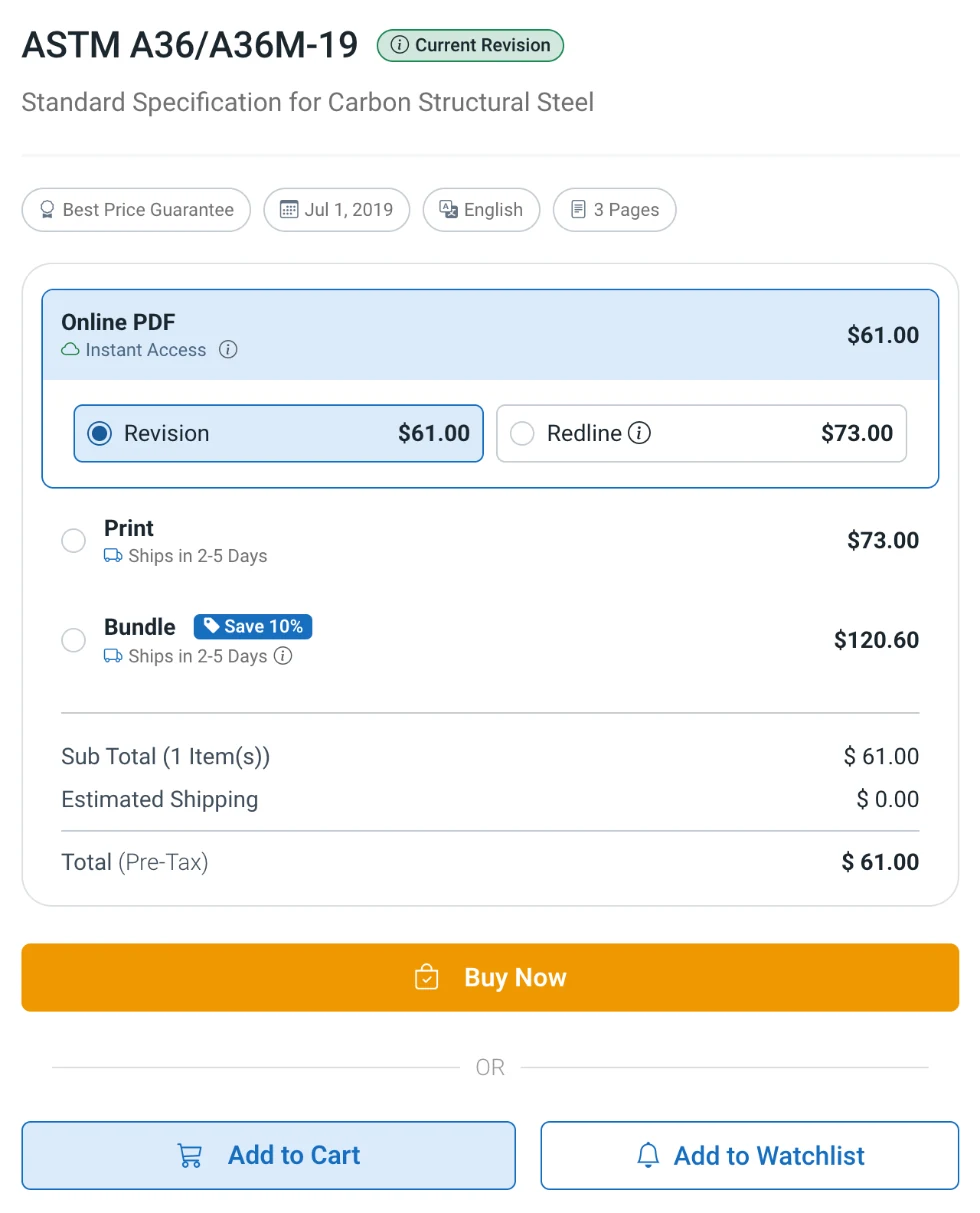 Format options on a product page: online PDF or redline, print, and a bundle that saves 10%