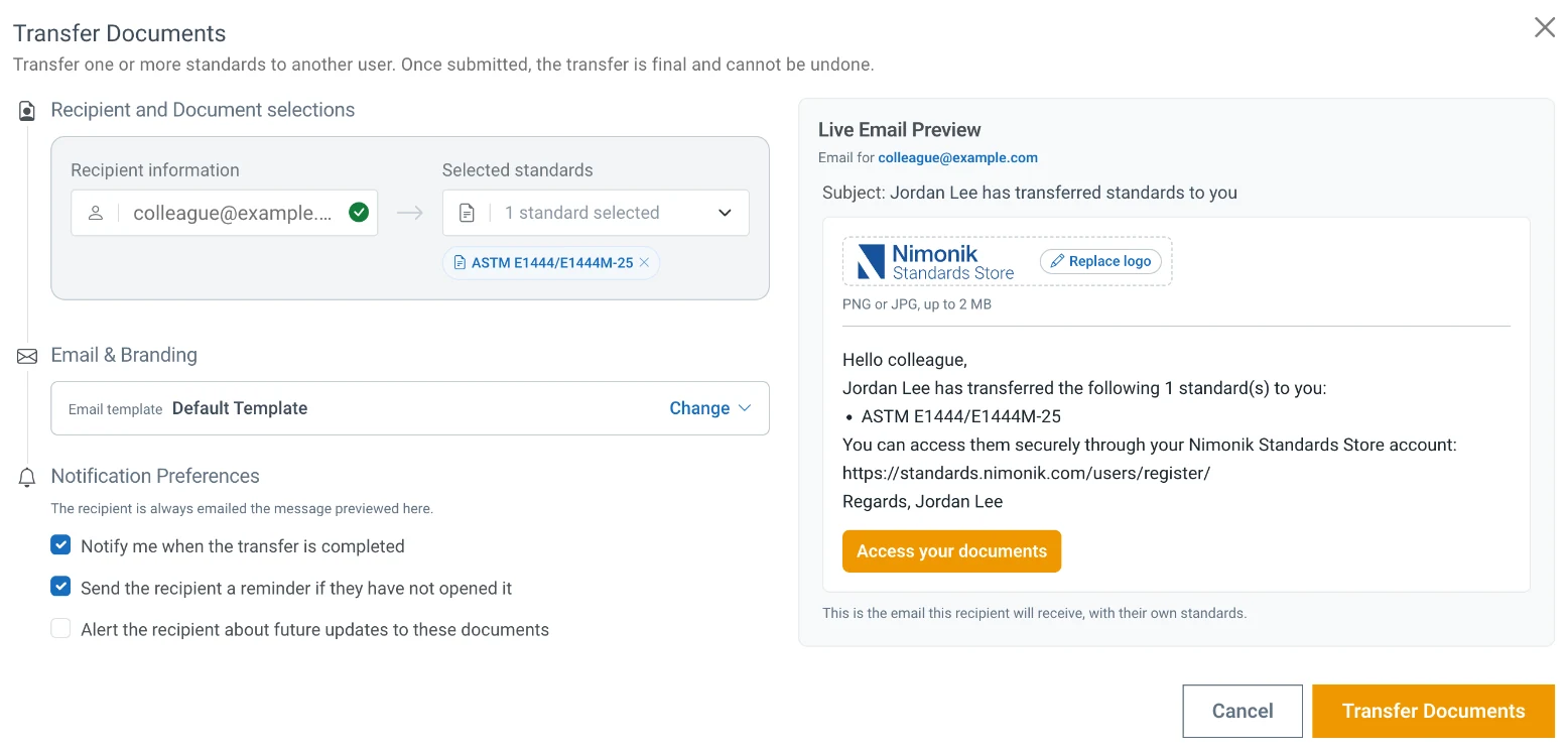 The Transfer Documents dialog: recipient and standards, email template and logo, notification options, and a live preview of the email